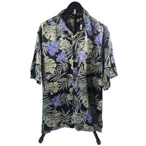 Island Republic Mens XL Silk Hawaiian Shirt Black Purple Hibiscus Floral Tropica